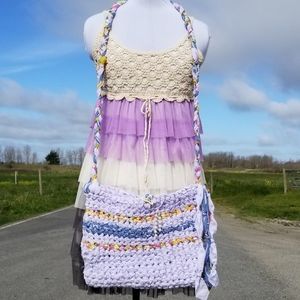 Bohemian rag purse with bead accents, Lg purple